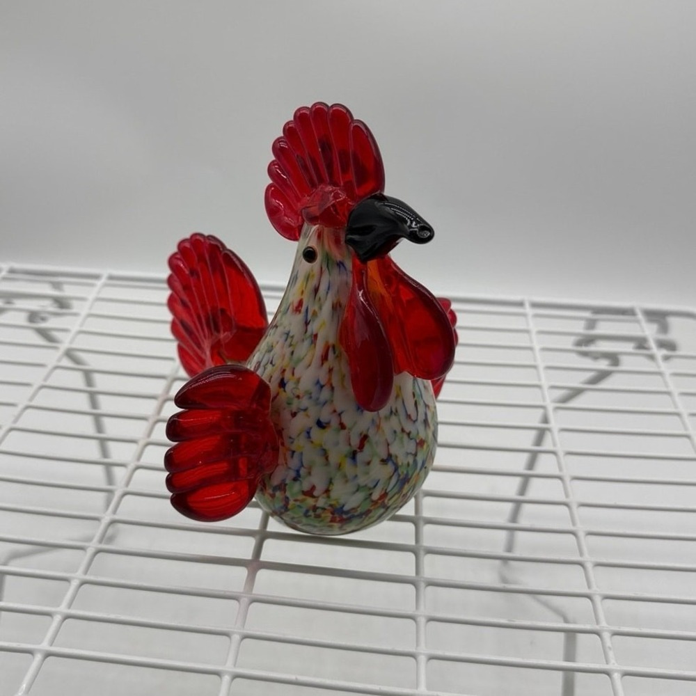 Rooster Chicken Figurine Hand Blown Art Glass‎ Paperweight Red Multi Color 6"